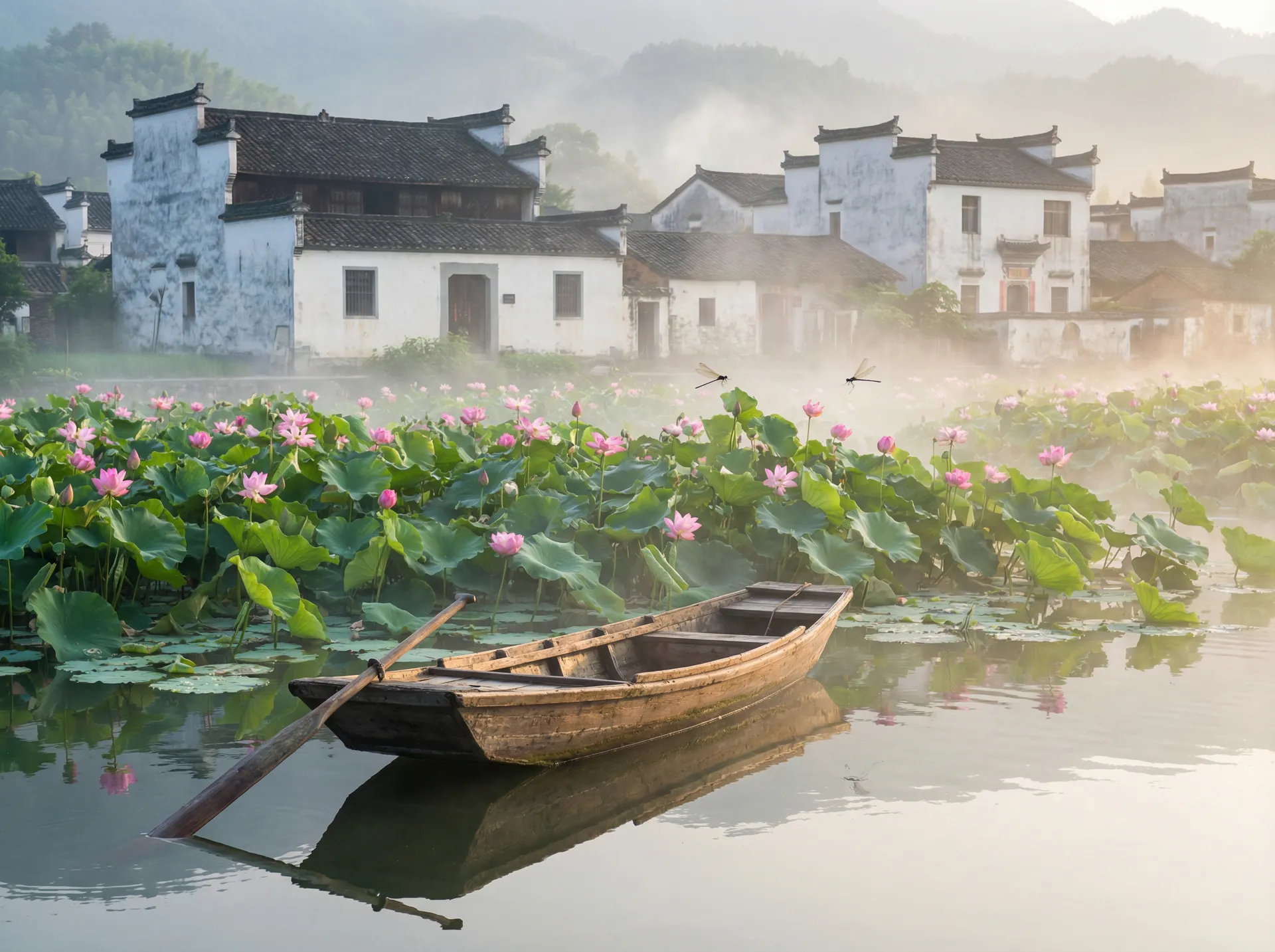 清晨荷塘小舟，粉色荷花盛开，白墙黑瓦的村庄 - 北条麻妃作品 水乡风情